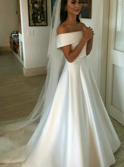 Simple A-line Off the Shoulder Satin Bridal Dress,12279