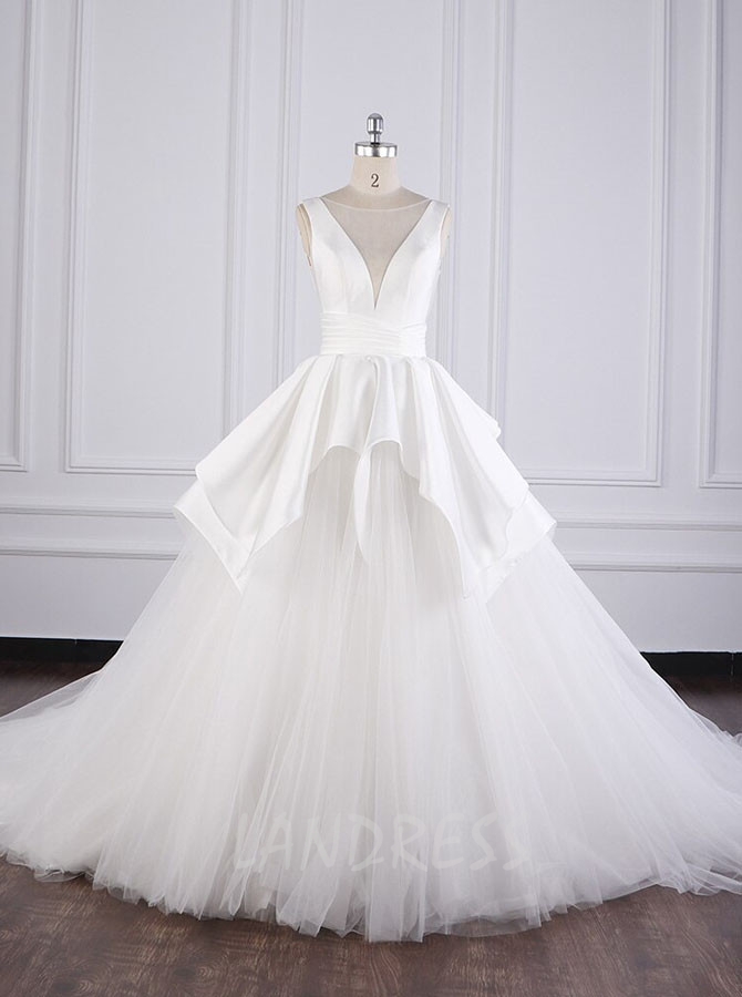 Simple A-line Wedding Gown,Satin Tulle Bridal Dress,12094