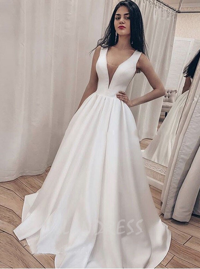 Simple Satin Wedding Dress,A-line Bridal Dress with V-neck - Landress.co.uk