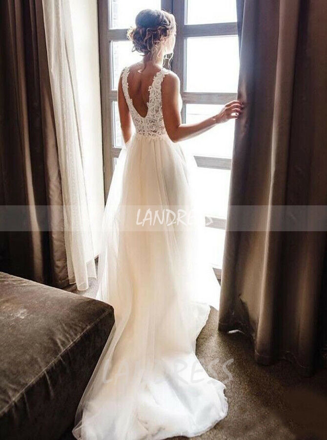 Simple V-neck Wedding Dress,Destination Beach Wedding Dress,12151