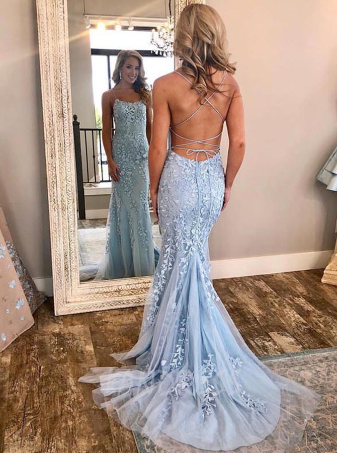 SkyBlue Mermaid Prom Dress,Lace Formal Dresses,Strappy Prom Dress,11173