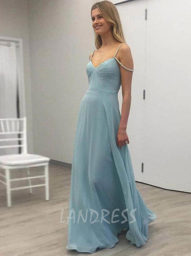 SkyBlue Prom Dresses,Elegant Chiffon Prom Dress,Prom Dress with Straps,11209