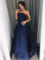 Strapless Prom Dress with Pockets,Satin Long Prom Dress,11976