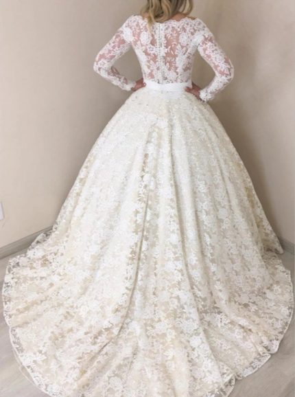 Stunning Lace Ball Gown Wedding Dress with Long Sleeves,12293