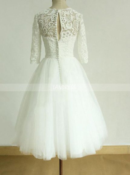 Tea Length Wedding Dress with Short Sleeves,Tulle Short Bridal Dress,11274