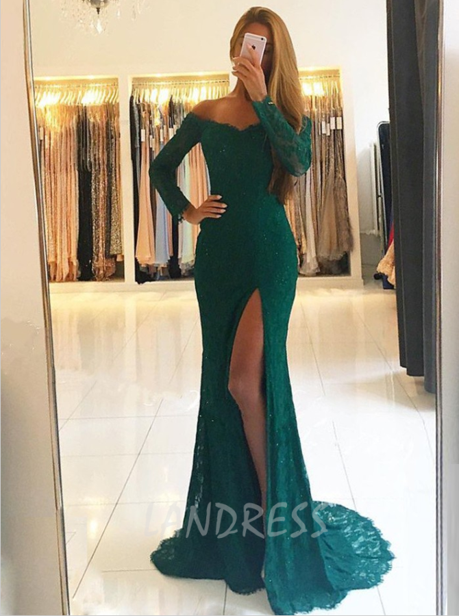 Teal Evening Dress with Sleeves,Lace Prom Dress,Mermaid Prom Dress with Slit,11231