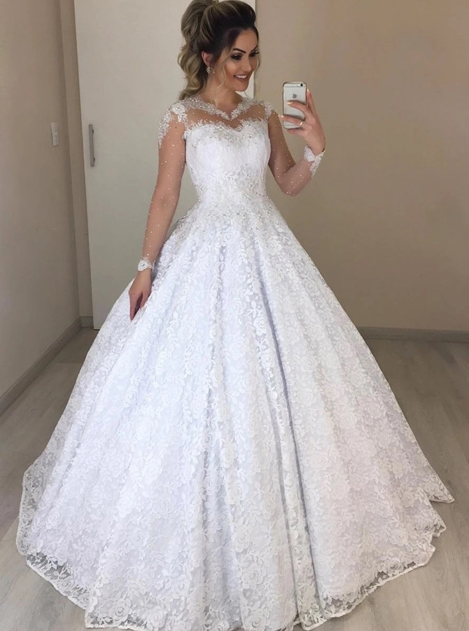 Sheer Long Sleeves Princess Lace Bridal Dress - Landress.co.uk