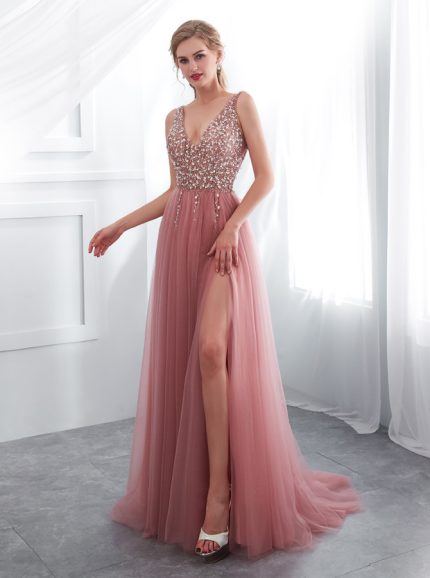 Tulle Prom Dress with Slit,Beaded Evening Dress,12013
