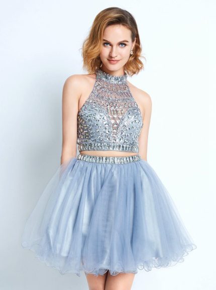 Two Piece Beaded Homecoming Dresses,Silver Cocktail Dress,11511