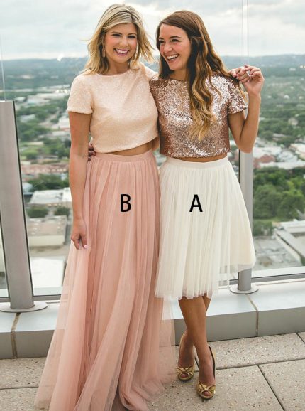 Two Piece Bridesmaid Dresses,Sequined Tulle Bridesmaid Dress,Mismatched Bridesmaid Dress,11956