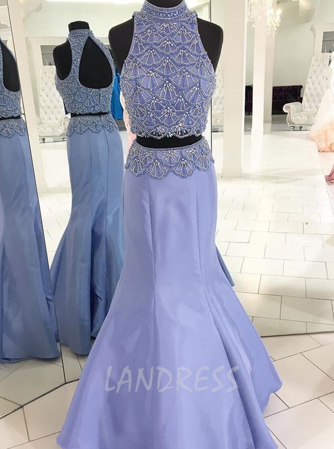 Two Piece High Neck Prom Dress,Mermaid Beaded Prom Dress,11916