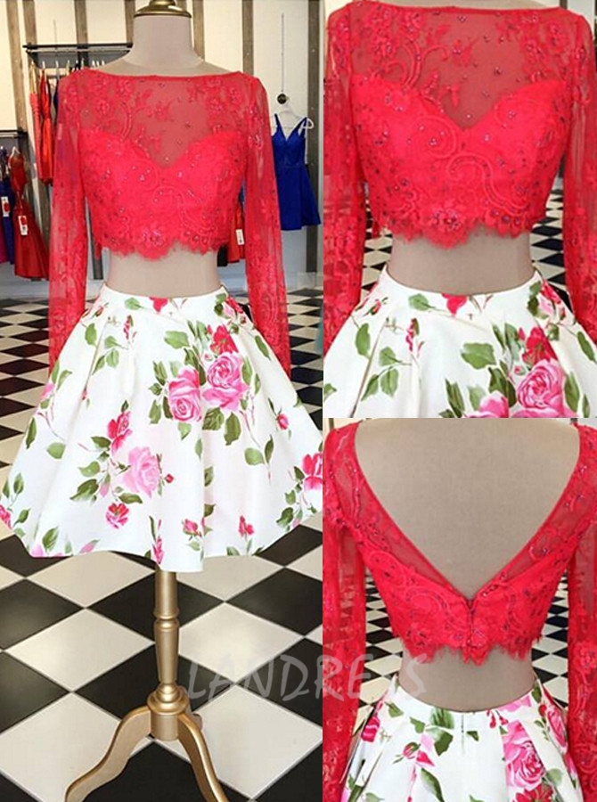 Two Piece Homecoming Dresses with Sleeves,Print Cocktail Dress,11551