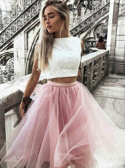 Two Piece Knee Length Homecoming Dresses with Lace Top,Short Tulle Prom Dress,11529