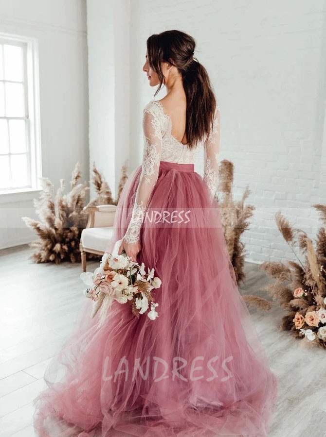 Two Piece Long Sleeves Lace Bodice with Tulle Skirt,12250