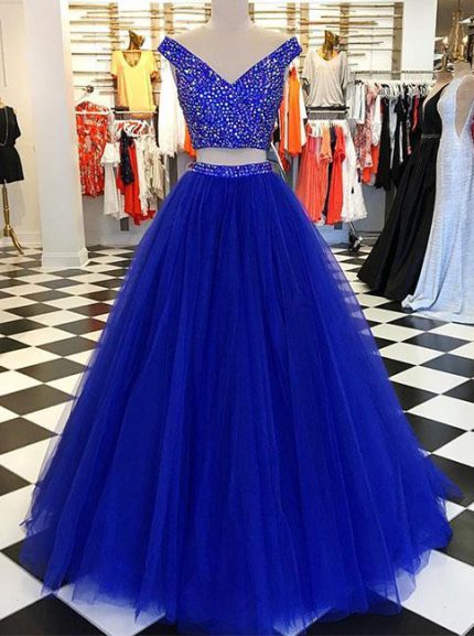 Two Piece Prom Dresses for Teens,Beaded Prom Dress,Tulle Sweet 16 Dress,11207