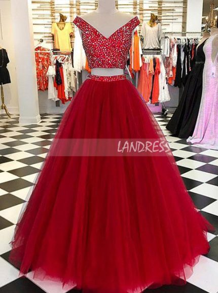 Two Piece Prom Dresses for Teens,Beaded Prom Dress,Tulle Sweet 16 Dress,11207