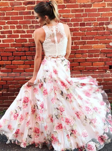Two Piece Prom Dresses for Teens,Floral Print Prom Dress,11877