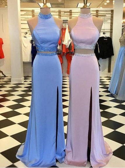 Two Piece Prom Dresses,High Neck Prom Dress,Prom Dress with Slit,11235
