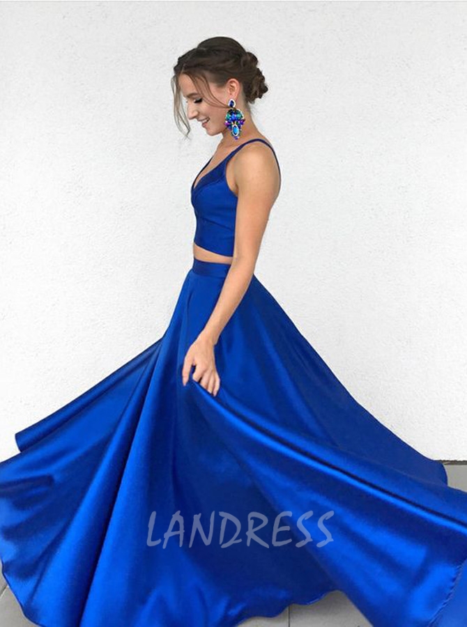 Two Piece Prom Dresses Simple,Royal Blue Prom Dress,Modest Prom Dress,11256