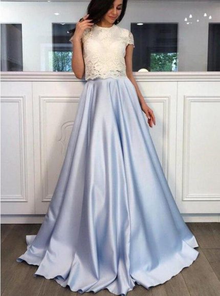 Two Piece Prom Dress For Teens,Modest Satin Prom Dress,11996