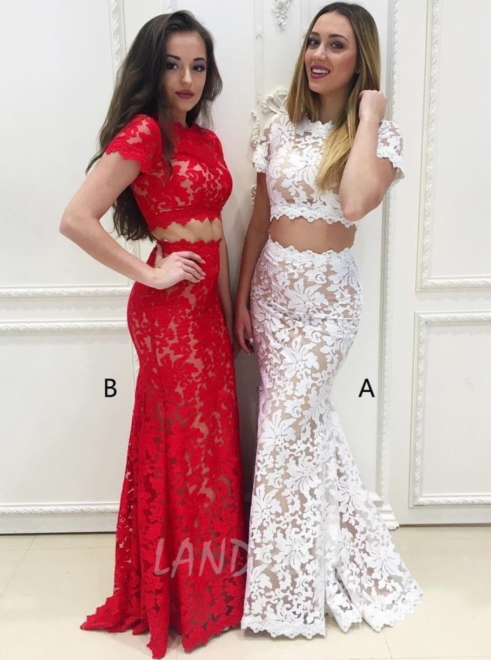 Two Piece Prom Dress with Short Sleeves,Lace Prom Dress for Teens,Mermaid Prom Dress,11214