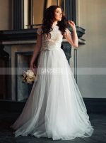 Two Piece Short Sleeves Boho Bridal Dress with Tulle Skirt,12246