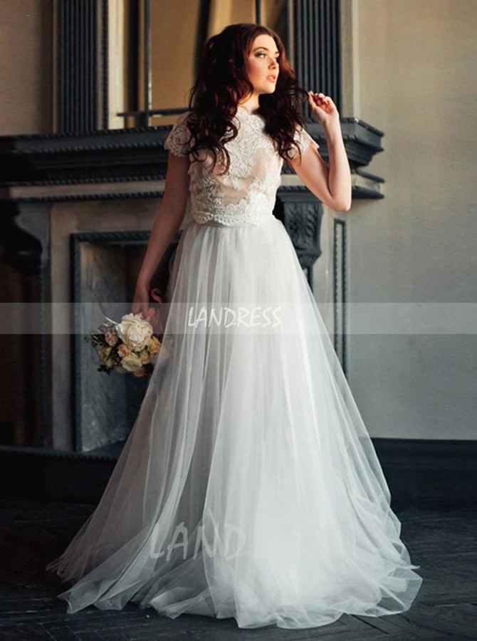 Two Piece Short Sleeves Boho Bridal Dress with Tulle Skirt,12246