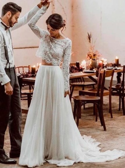 Two Piece Wedding Dress Lace Top Chiffon Skirt,12255