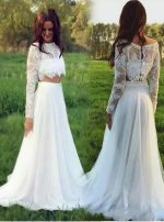 Two Piece Wedding Dress with Long Sleeves,Chiffon Boho Bridal Dress,Full Length Wedding Dress,11166