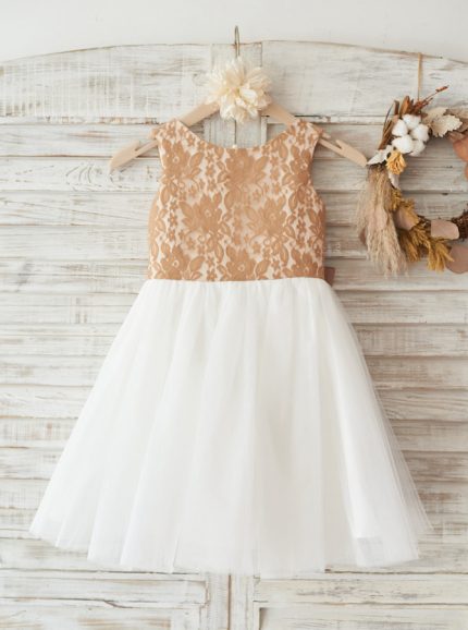 Two Tone Flower Girl Dress with Bowknot,Knee Length Girl Party Dress,11815