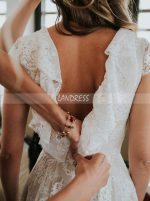 Vintage Lace Bridal Dress with Cap Sleeves,Garden Wedding Dress Ruffles,12241