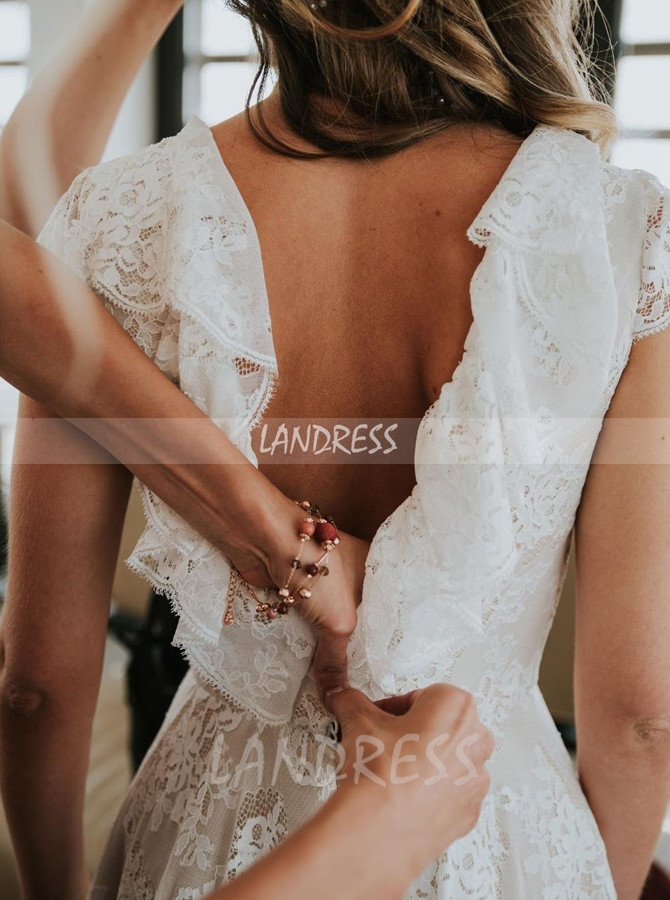 Vintage Lace Bridal Dress with Cap Sleeves,Garden Wedding Dress Ruffles,12241