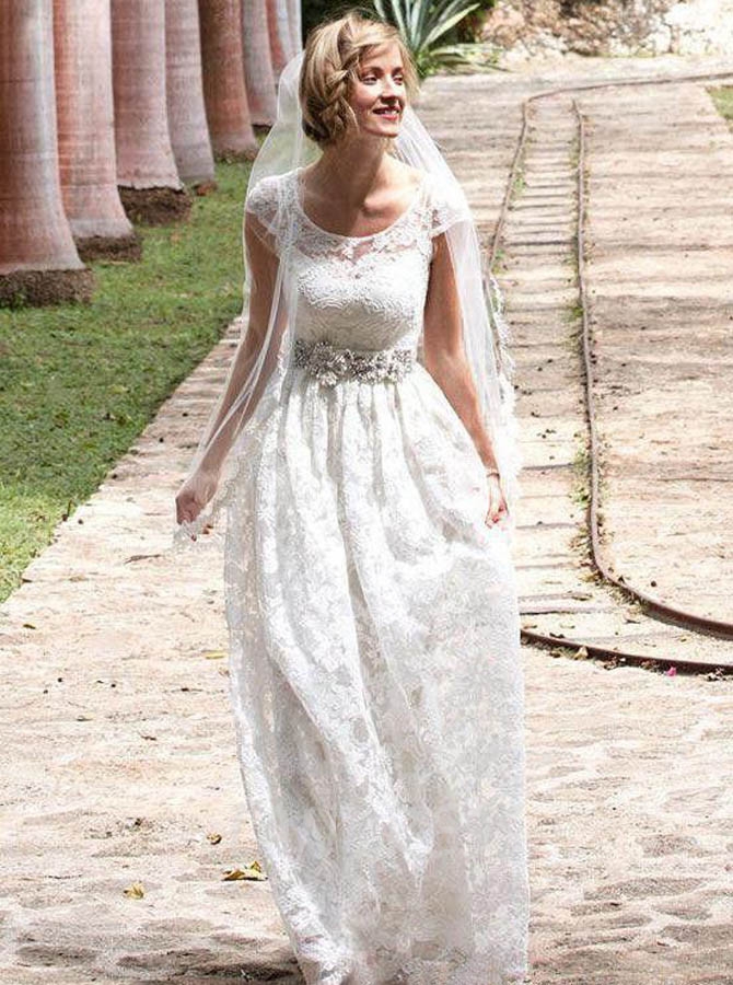 Vintage Lace Wedding Dress with Cap Sleeves,Modest Floor Length Bridal Dress,12226