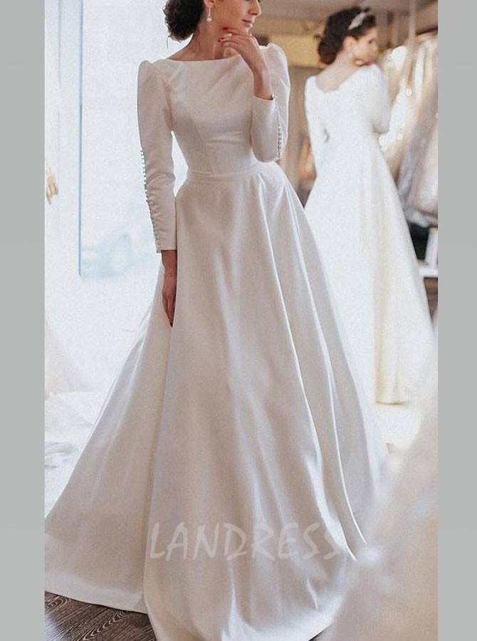 Vintage Long Sleeve Wedding Dress,Modest Soft Satin Bridal Dress,12273