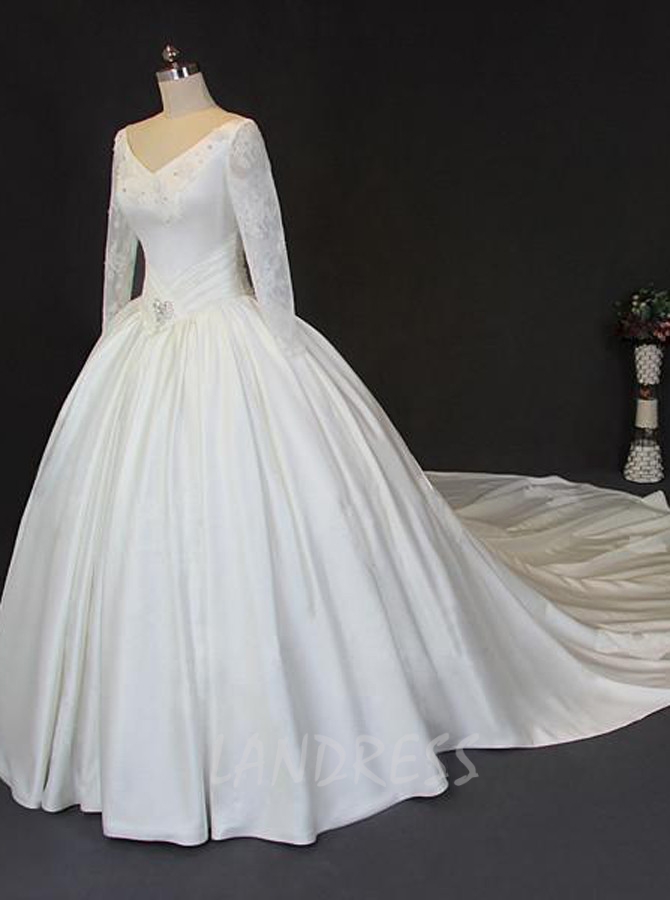 Vintage Wedding Ball Gown,Illusion Sleeves Satin Wedding Gown,12046