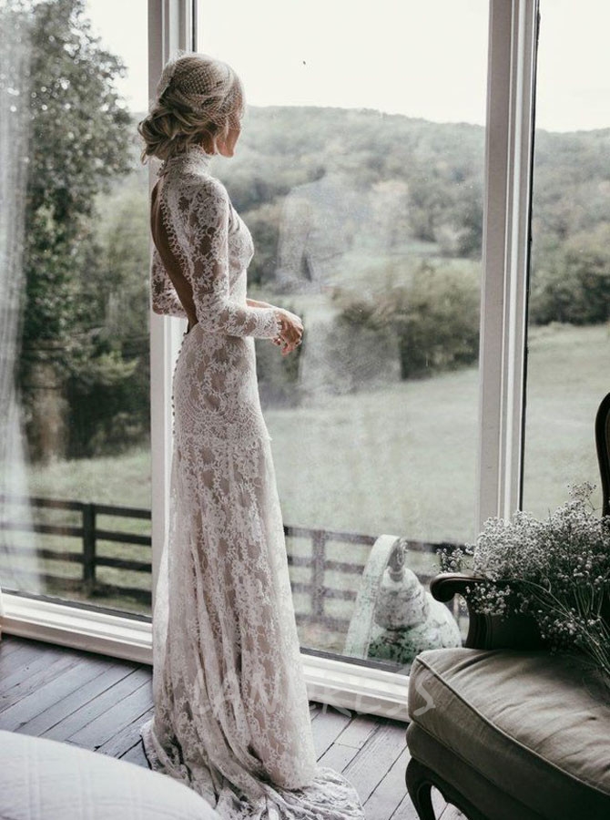 Vintage Wedding Dress,Open Back Lace Fitted Wedding Dress,High Neck Wedding Dress,12032