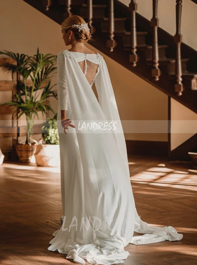 Wedding Dress with Cape,Bateau Neck Bridal Dress with Slit,12298