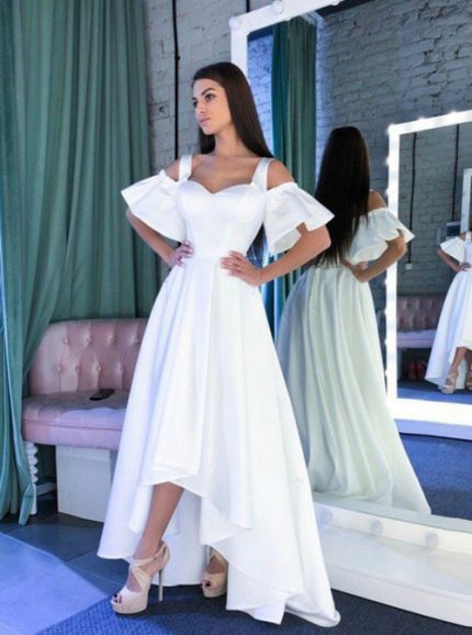 White A-line Prom Dresses,High Low Homecoming Dress,11995