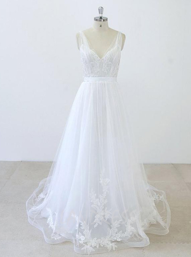 White A-line Wedding Dresses with Appliques,Tulle Simple Bridal Dress,11291