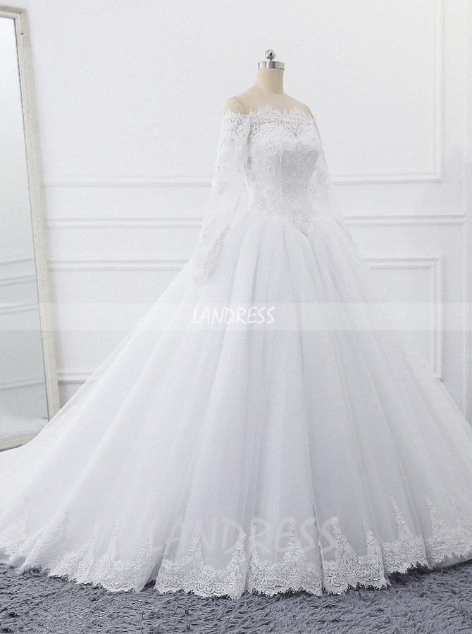 White Ball Gown Wedding Dress,Off the Shoulder Wedding Gown with Sleeves,11706
