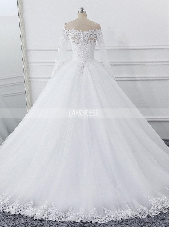White Ball Gown Wedding Dress,Off the Shoulder Wedding Gown with Sleeves,11706