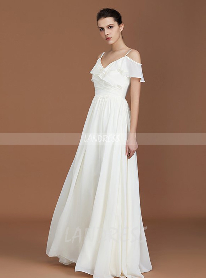 White Bridesmaid Dresses,Chiffon Long Bridesmaid Dresses with Straps,11344