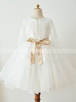 White Flower Girl Dress with Sleeves,Princess Flower Girl Dress,11840