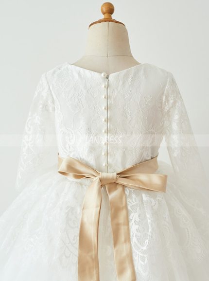 White Flower Girl Dress with Sleeves,Princess Flower Girl Dress,11840