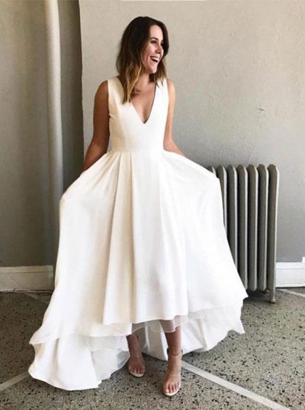 White High Low Prom Dresses,Simple Prom Dresses,V-neck Prom Dress,11203