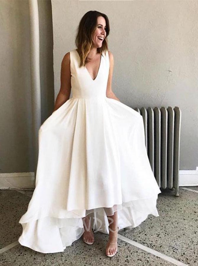 White High Low Prom Dresses,Simple Prom Dresses,V-neck Prom Dress,11203