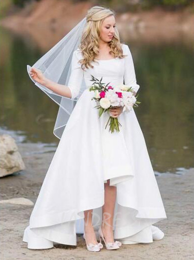White High Low Wedding Dresses with Sleeves,Vintage Wedding Dress,11307