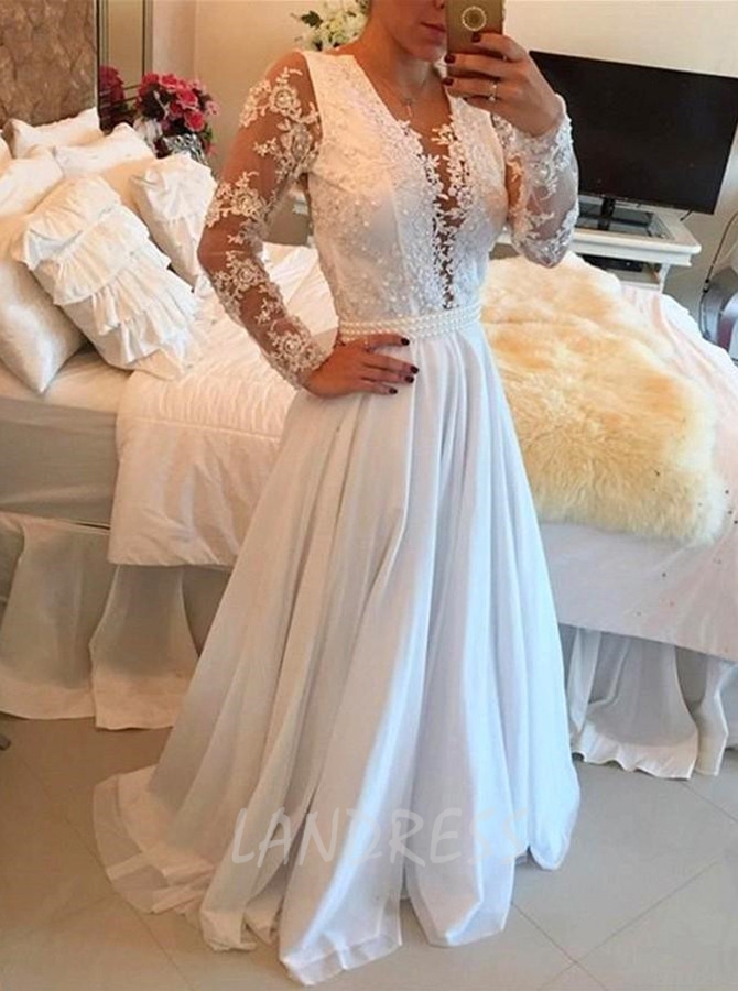 White Prom Dresses with Long Sleeves,Chiffon Formal Prom Dress,11268