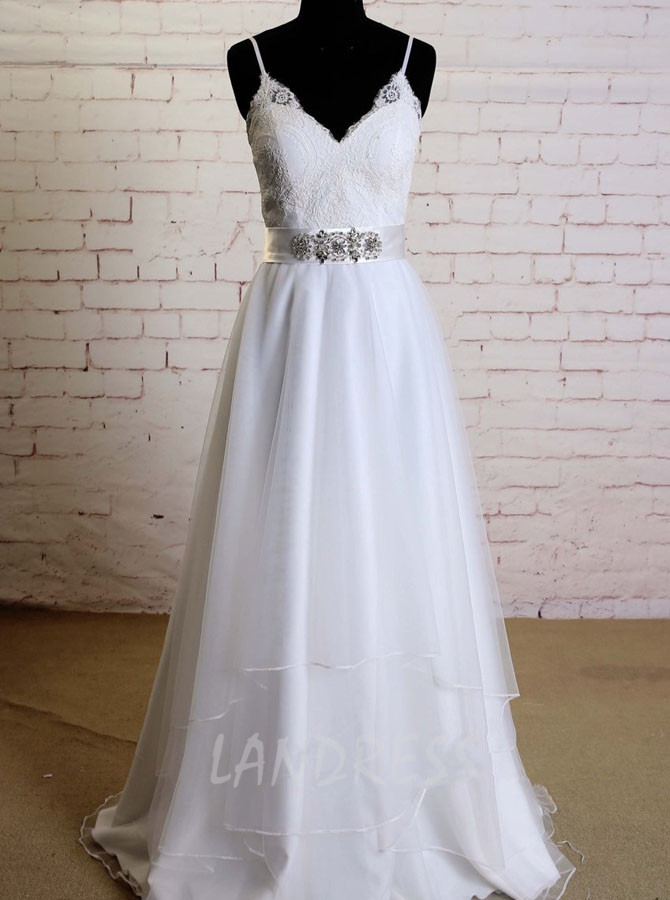 White Spaghetti Straps Wedding Dresses,Layered Tulle Wedding Dress,11604