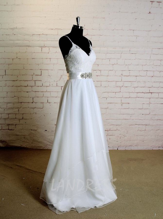 White Spaghetti Straps Wedding Dresses,Layered Tulle Wedding Dress,11604
